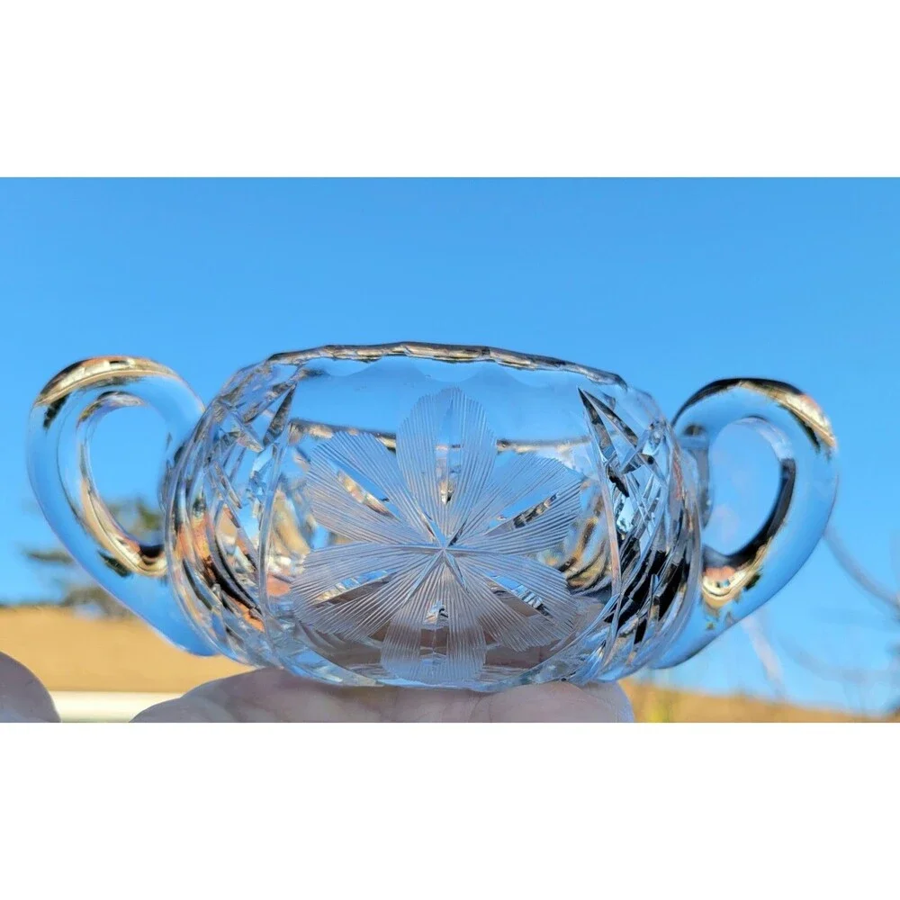 Antique Etched & Cut Crystal Floral Motif Sugar Bowl - 1930's